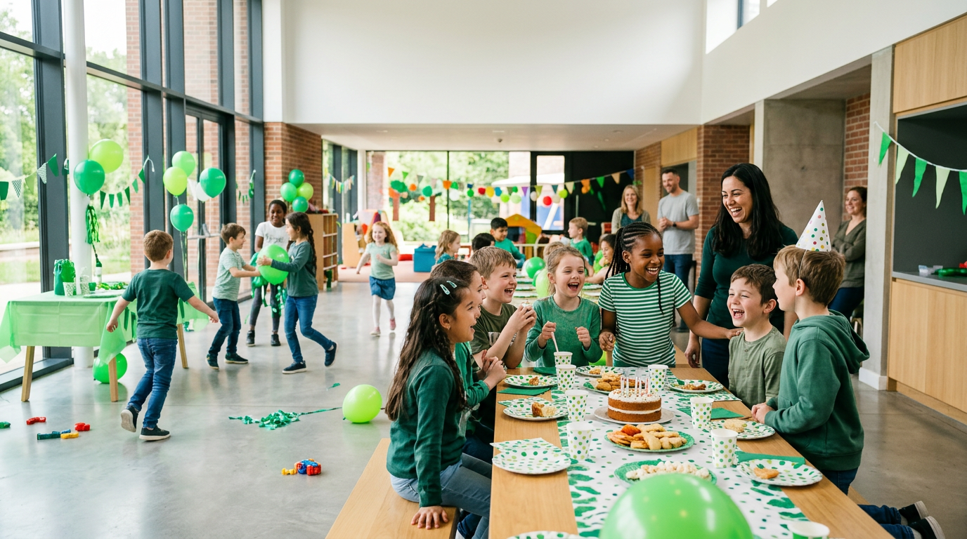 Children celebrating a birthday party in a community hall