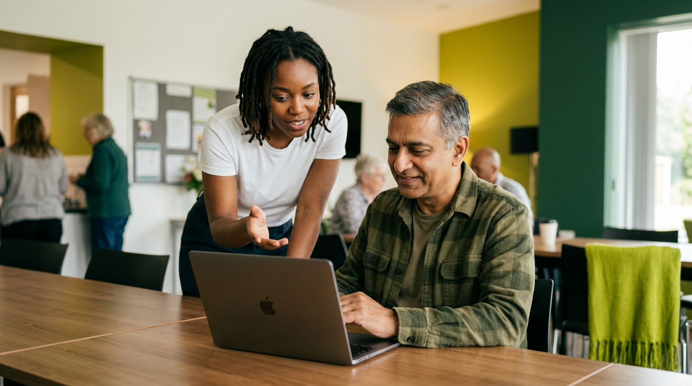 Two people looking at a laptop together in a community centre