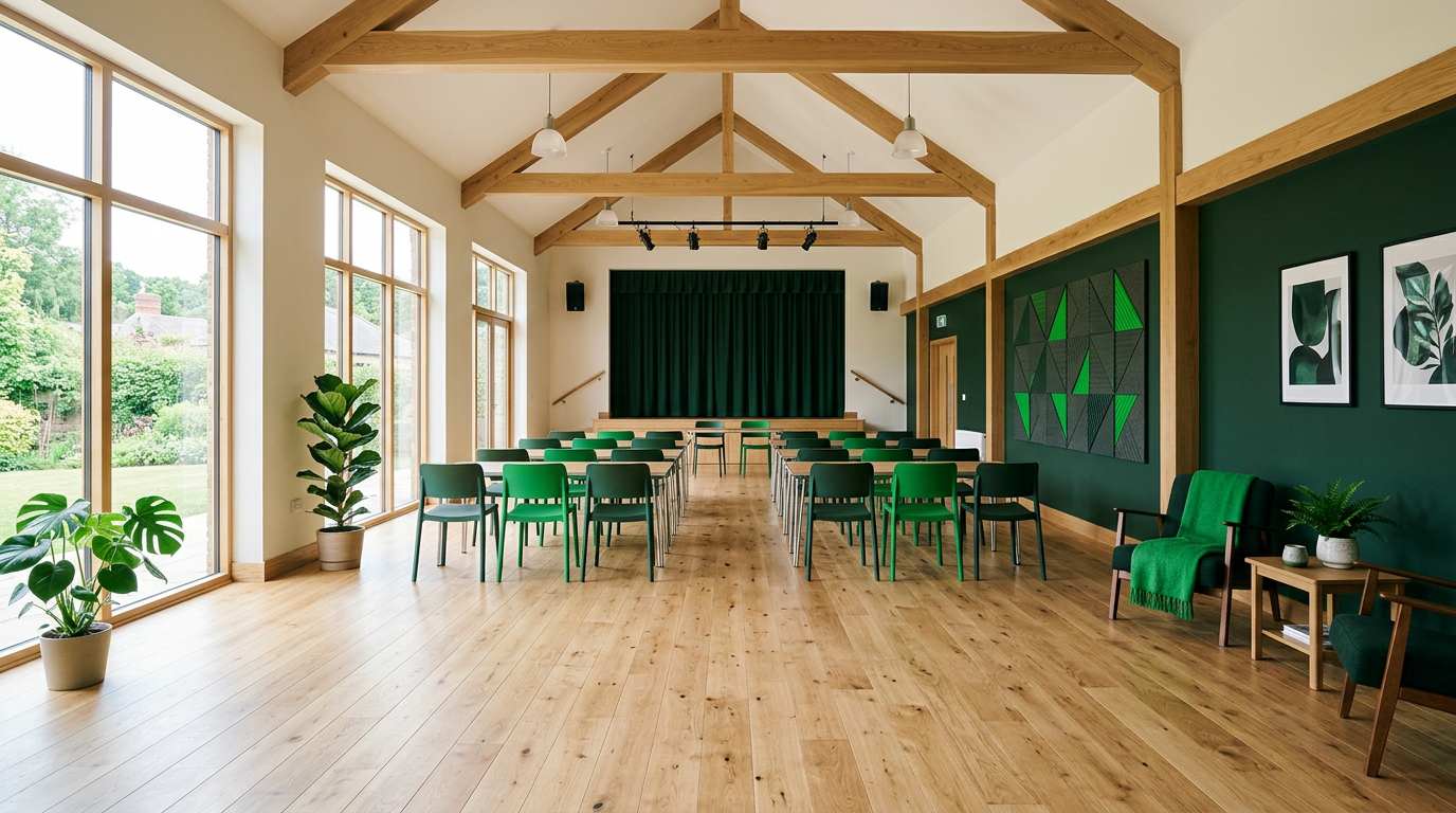 Bright village hall interior with exposed timber beams and green accents