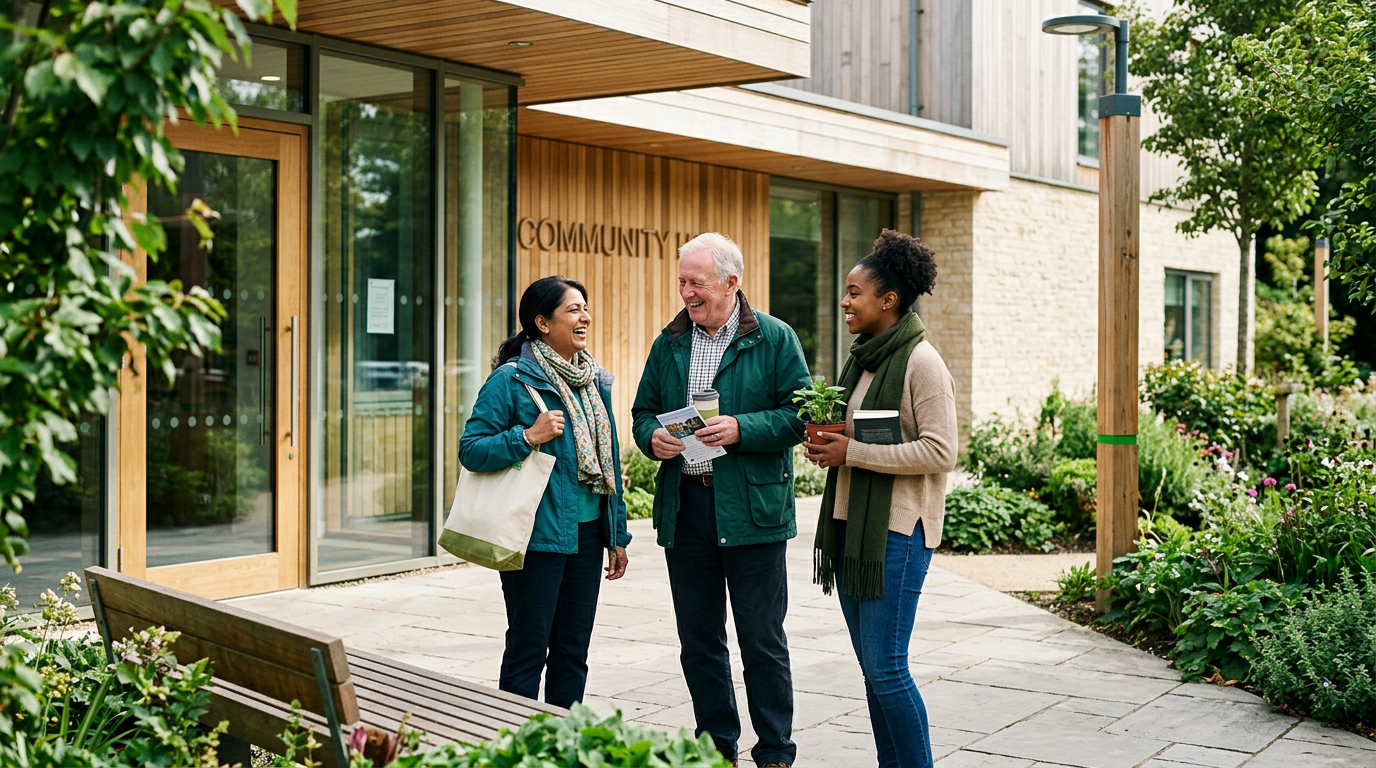 Three people chatting and laughing outside a community hall entrance